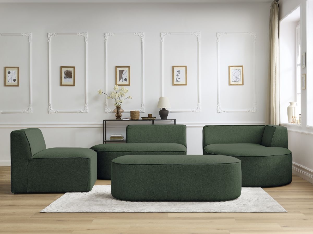 Canapé d'angle fixe modulable ROUSSEAU tissu chiné avec 1 chauffeuse et 1 pouf