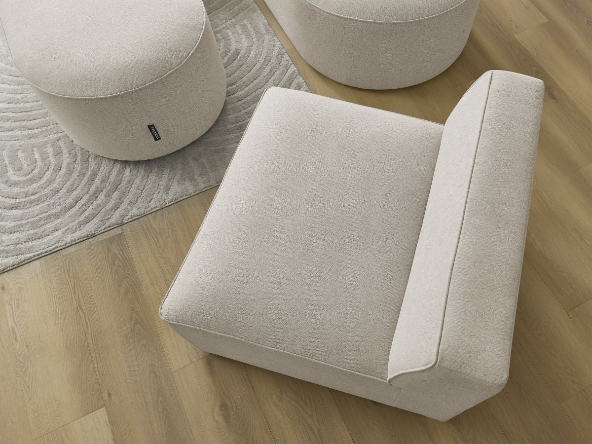 Canapé d'angle fixe modulable ROUSSEAU tissu chiné avec 1 chauffeuse et 1 pouf