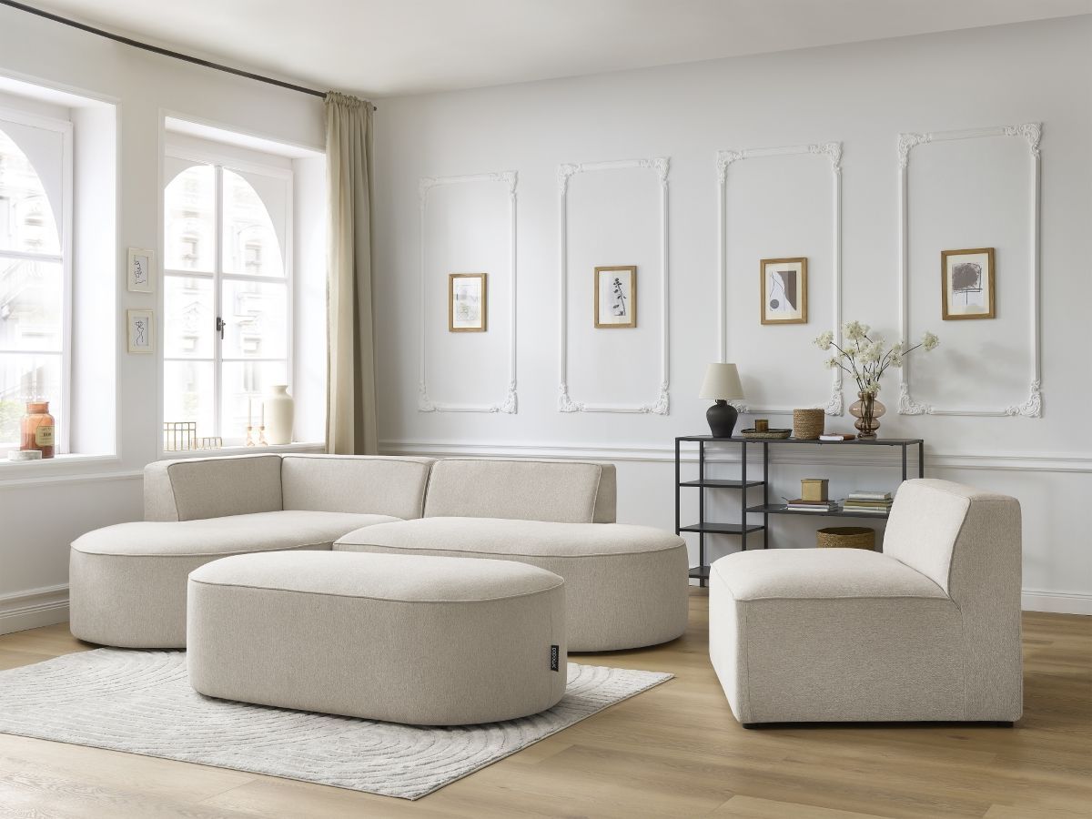 Canapé d'angle fixe modulable ROUSSEAU tissu chiné avec 1 chauffeuse et 1 pouf