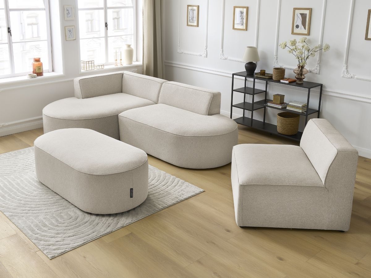Canapé d'angle fixe modulable ROUSSEAU tissu chiné avec 1 chauffeuse et 1 pouf