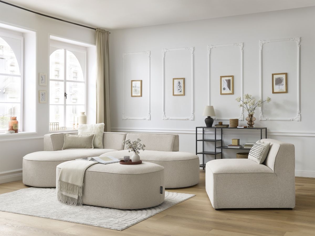 Canapé d'angle fixe modulable ROUSSEAU tissu chiné avec 1 chauffeuse et 1 pouf