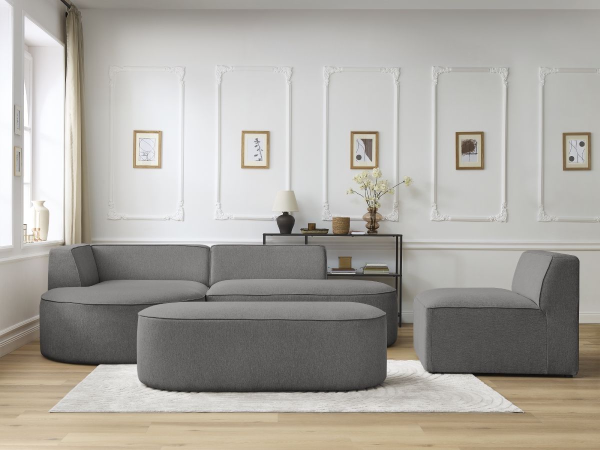 Canapé d'angle fixe modulable ROUSSEAU tissu chiné avec 1 chauffeuse et 1 pouf