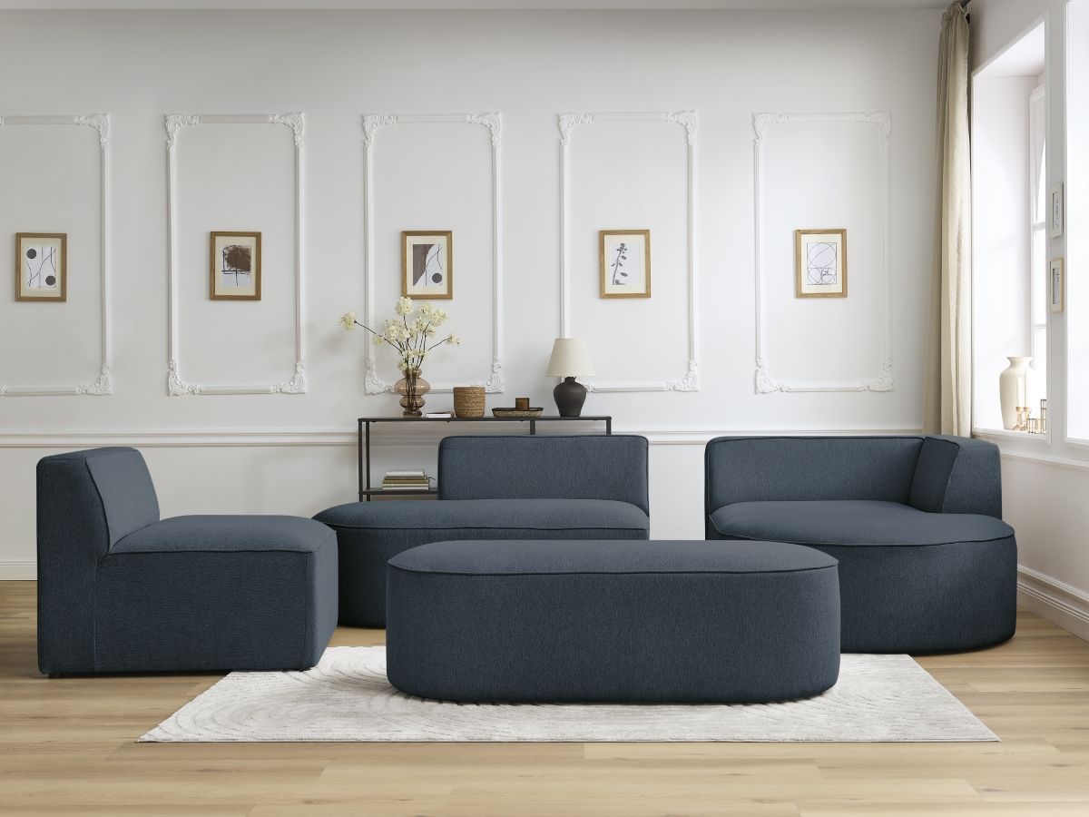 Canapé d'angle fixe modulable ROUSSEAU tissu chiné avec 1 chauffeuse et 1 pouf