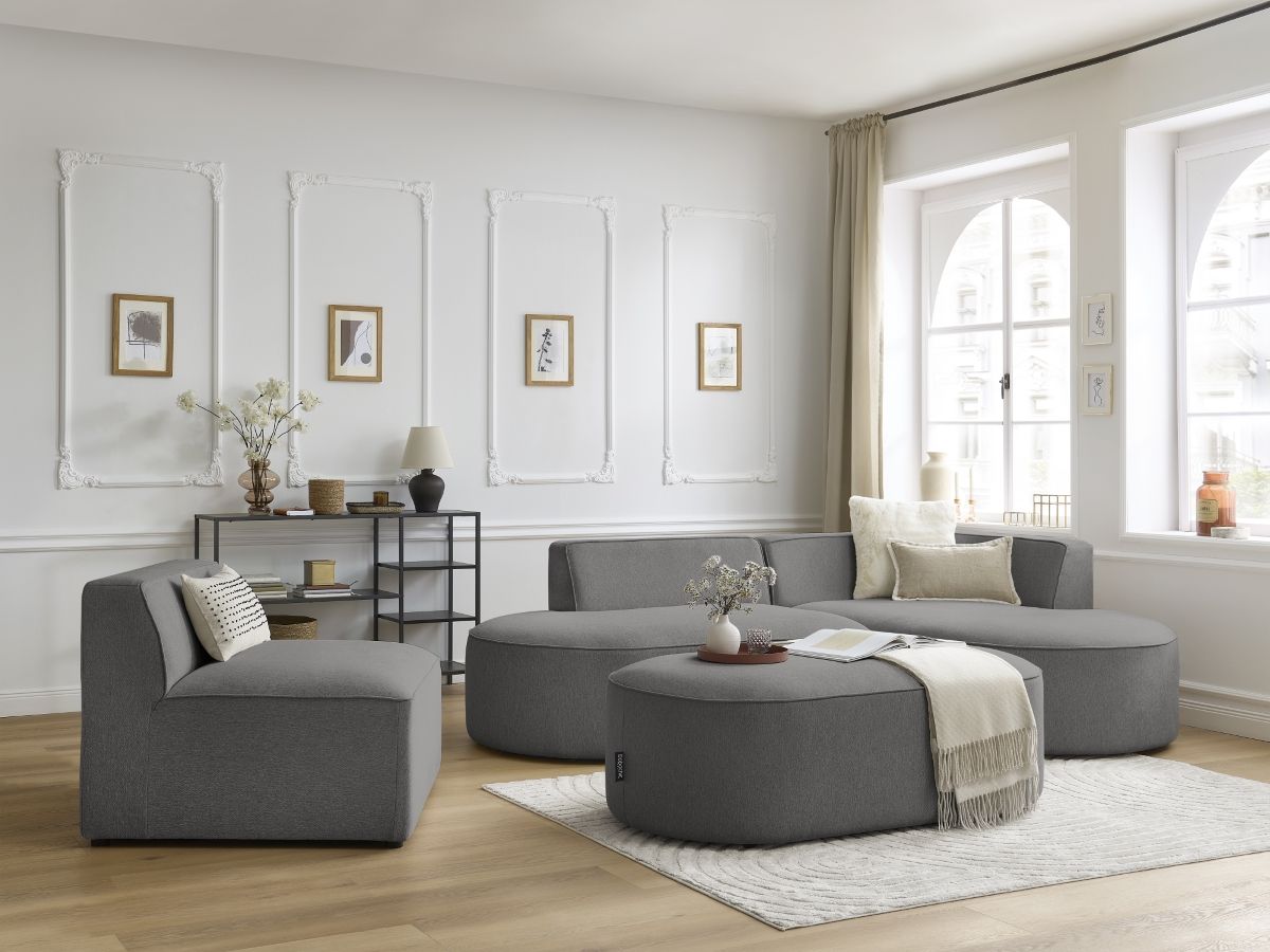 Canapé d'angle fixe modulable ROUSSEAU tissu chiné avec 1 chauffeuse et 1 pouf