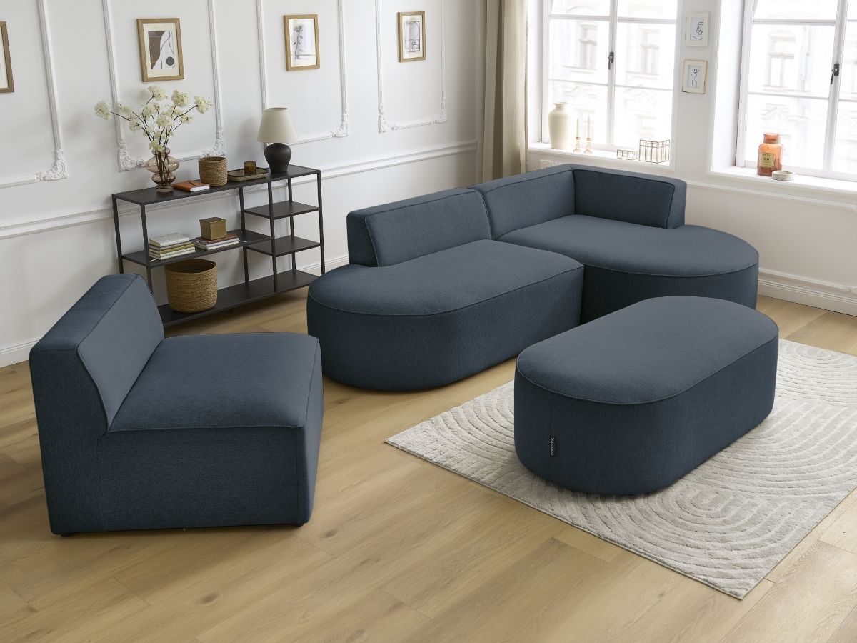 Canapé d'angle fixe modulable ROUSSEAU tissu chiné avec 1 chauffeuse et 1 pouf