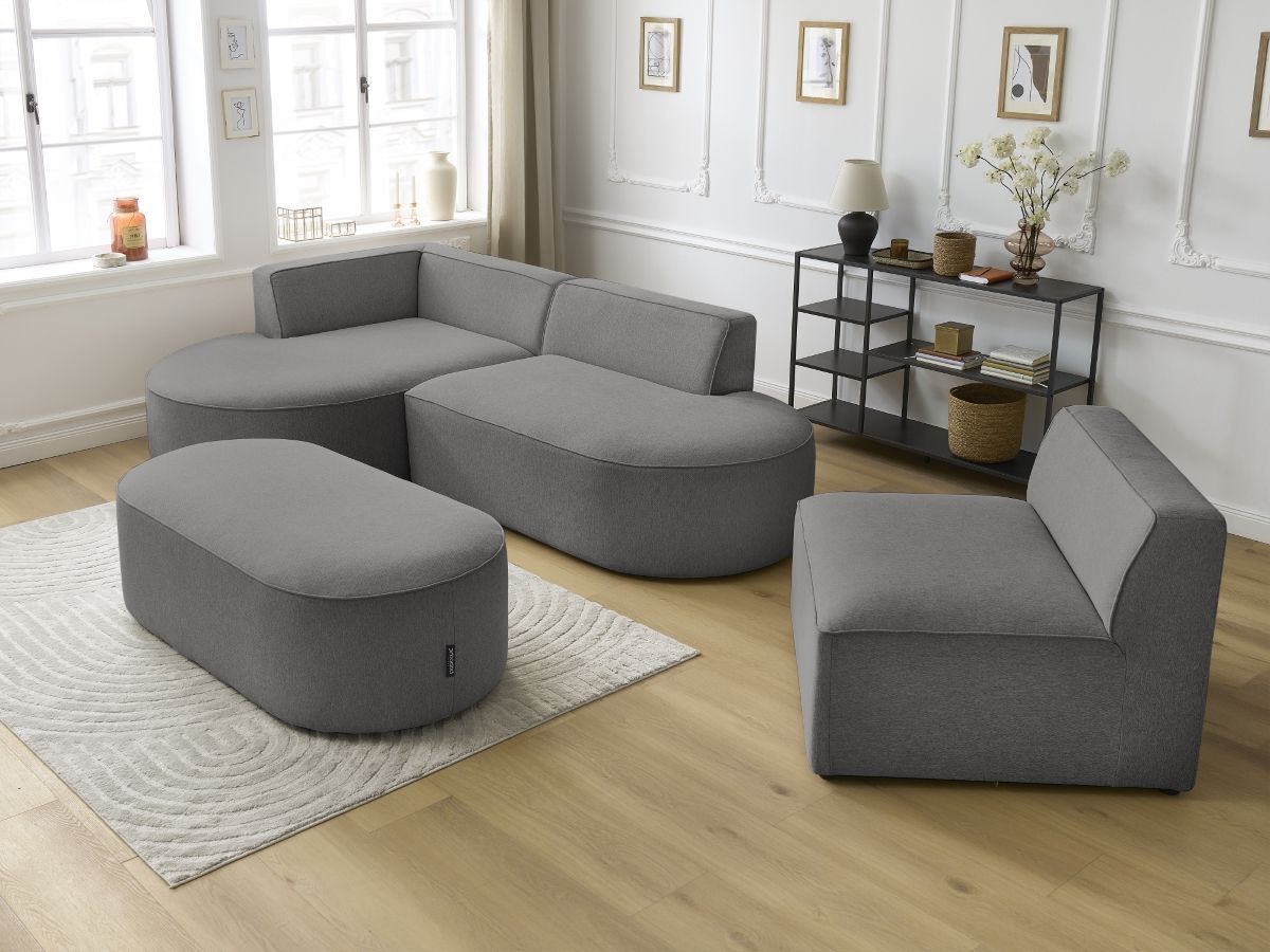 Canapé d'angle fixe modulable ROUSSEAU tissu chiné avec 1 chauffeuse et 1 pouf