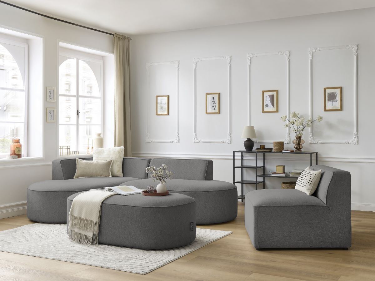 Canapé d'angle fixe modulable ROUSSEAU tissu chiné avec 1 chauffeuse et 1 pouf