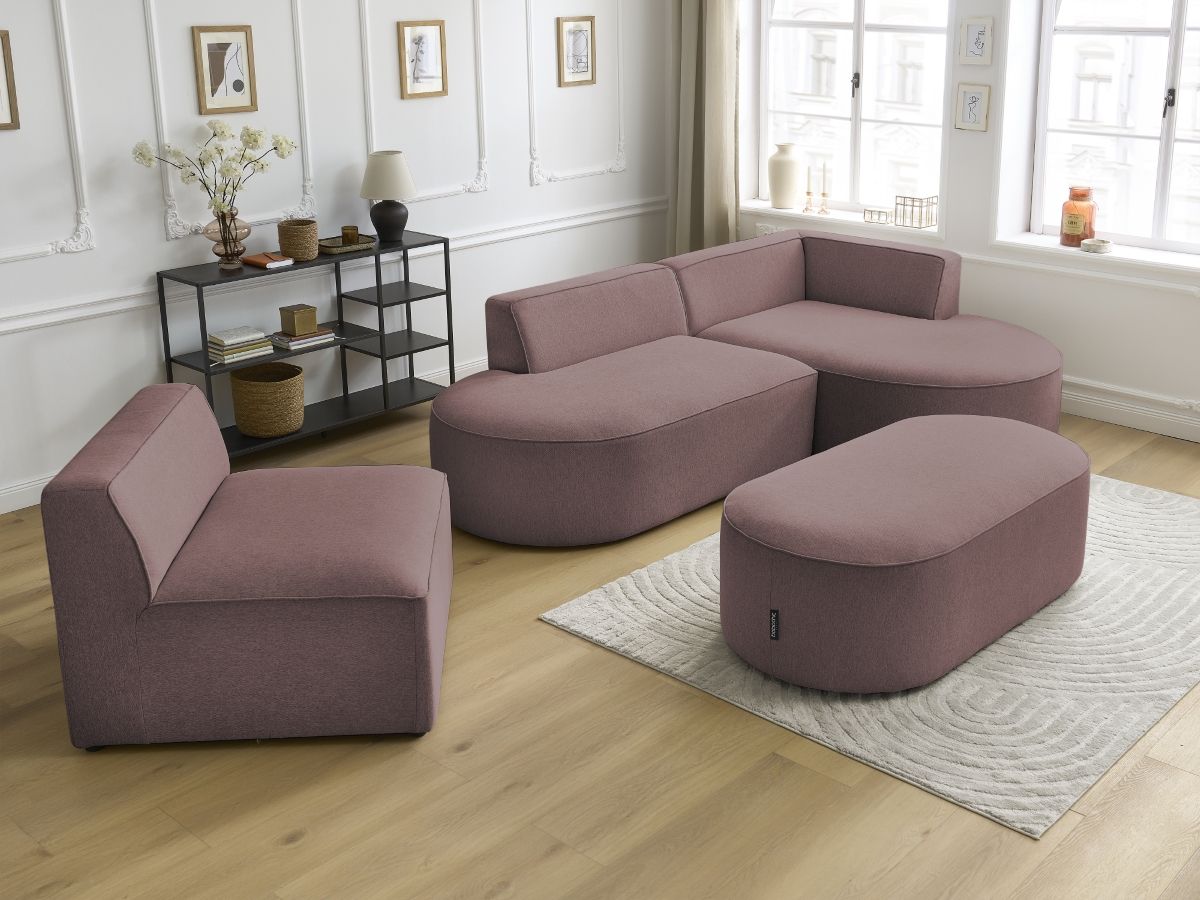 Canapé d'angle fixe modulable ROUSSEAU tissu chiné avec 1 chauffeuse et 1 pouf