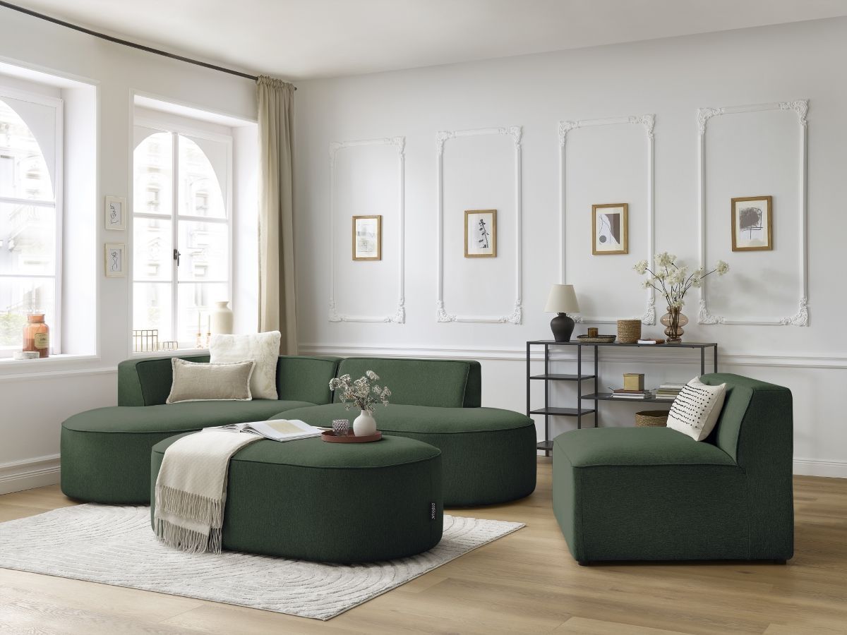 Canapé d'angle fixe modulable ROUSSEAU tissu chiné avec 1 chauffeuse et 1 pouf