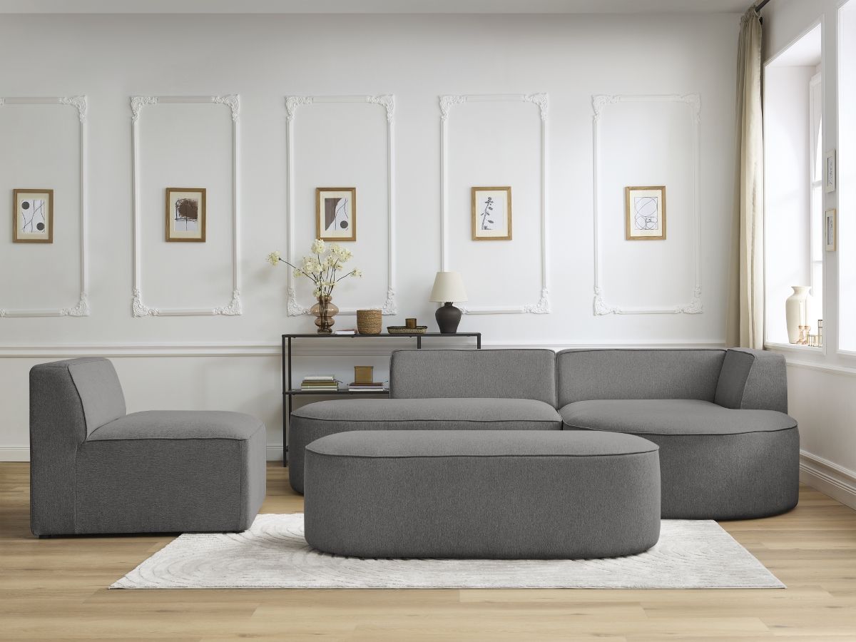 Canapé d'angle fixe modulable ROUSSEAU tissu chiné avec 1 chauffeuse et 1 pouf