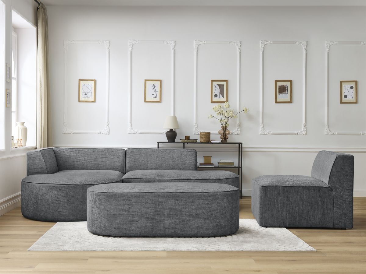 Canapé d'angle fixe modulable ROUSSEAU tissu texturé avec 1 chauffeuse et 1 pouf