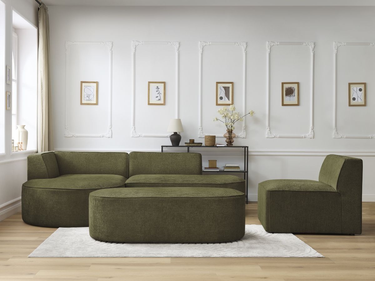 Canapé d'angle fixe modulable ROUSSEAU tissu texturé avec 1 chauffeuse et 1 pouf