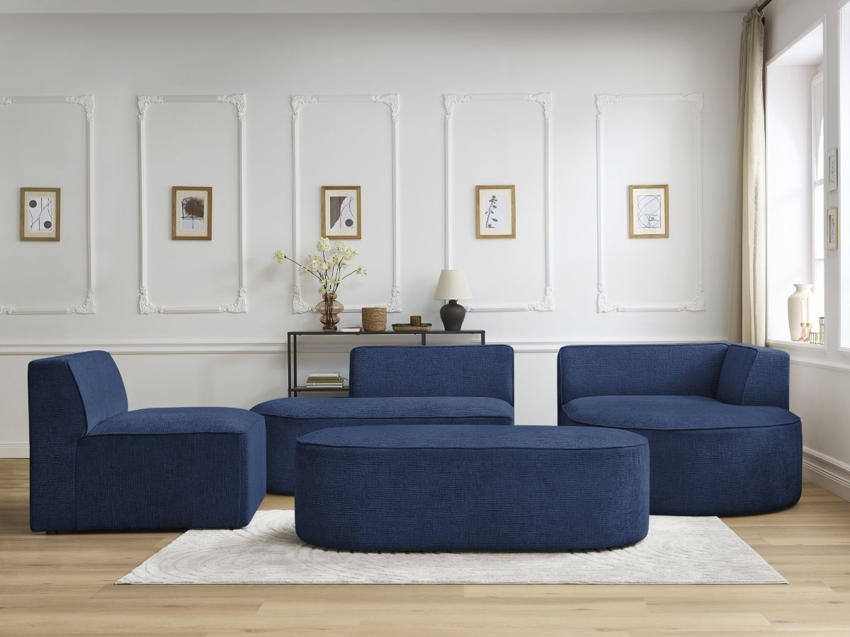 Canapé d'angle fixe modulable ROUSSEAU tissu texturé avec 1 chauffeuse et 1 pouf