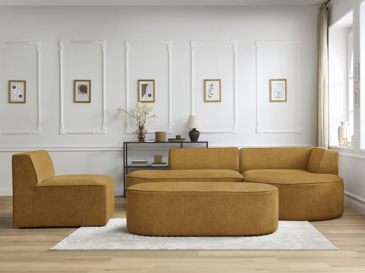 Canapé d'angle fixe modulable ROUSSEAU tissu texturé avec 1 chauffeuse et 1 pouf