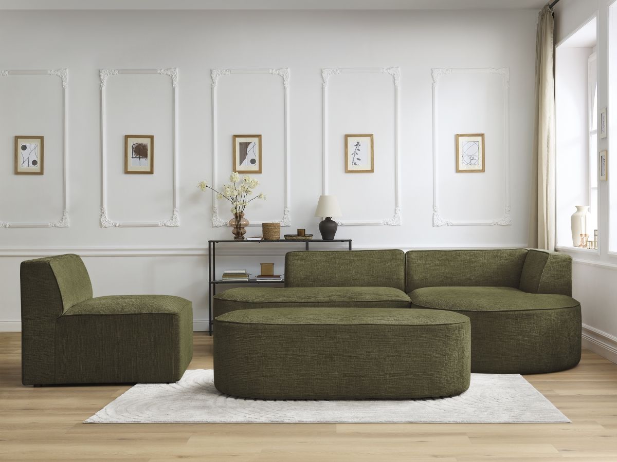 Canapé d'angle fixe modulable ROUSSEAU tissu texturé avec 1 chauffeuse et 1 pouf