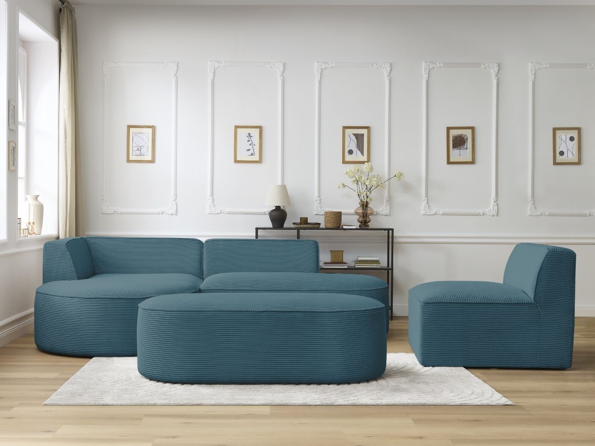 Canapé d'angle fixe modulable ROUSSEAU velours côtelé avec 1 chauffeuse et 1 pouf