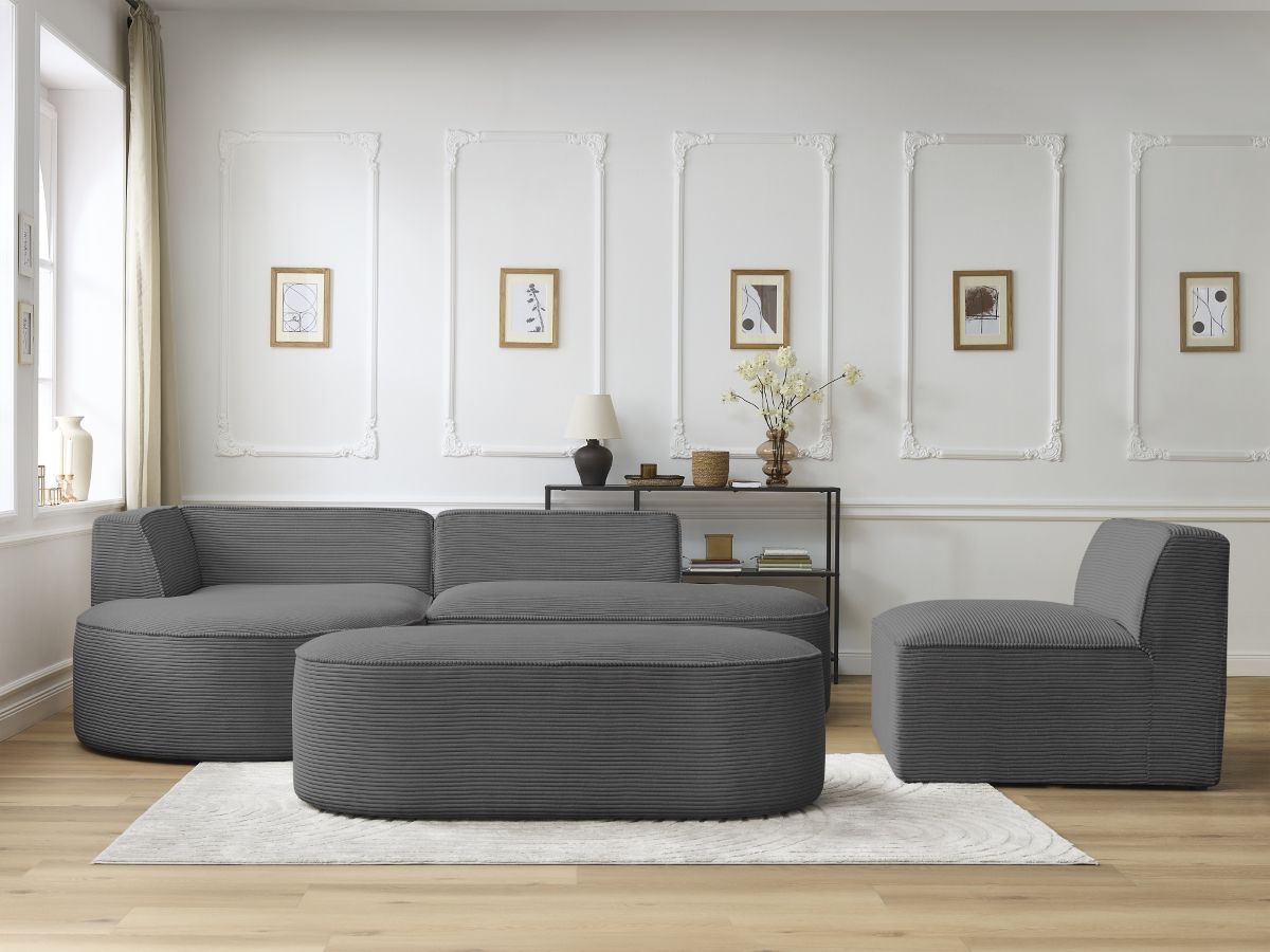 Canapé d'angle fixe modulable ROUSSEAU velours côtelé avec 1 chauffeuse et 1 pouf