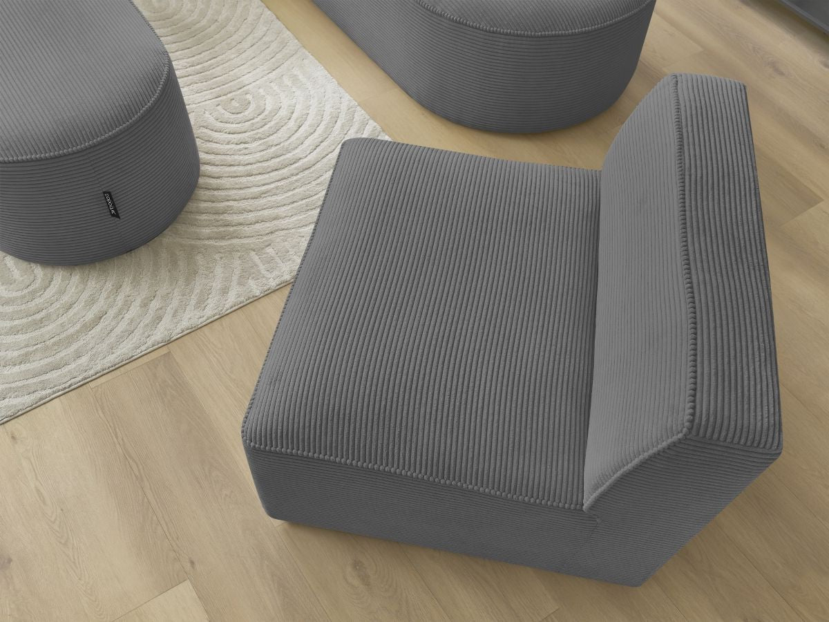 Canapé d'angle fixe modulable ROUSSEAU velours côtelé avec 1 chauffeuse et 1 pouf