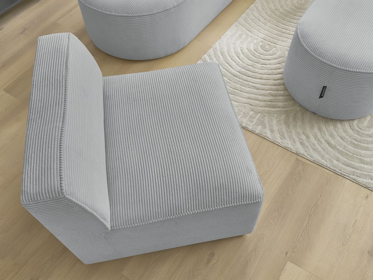 Canapé d'angle fixe modulable ROUSSEAU velours côtelé avec 1 chauffeuse et 1 pouf