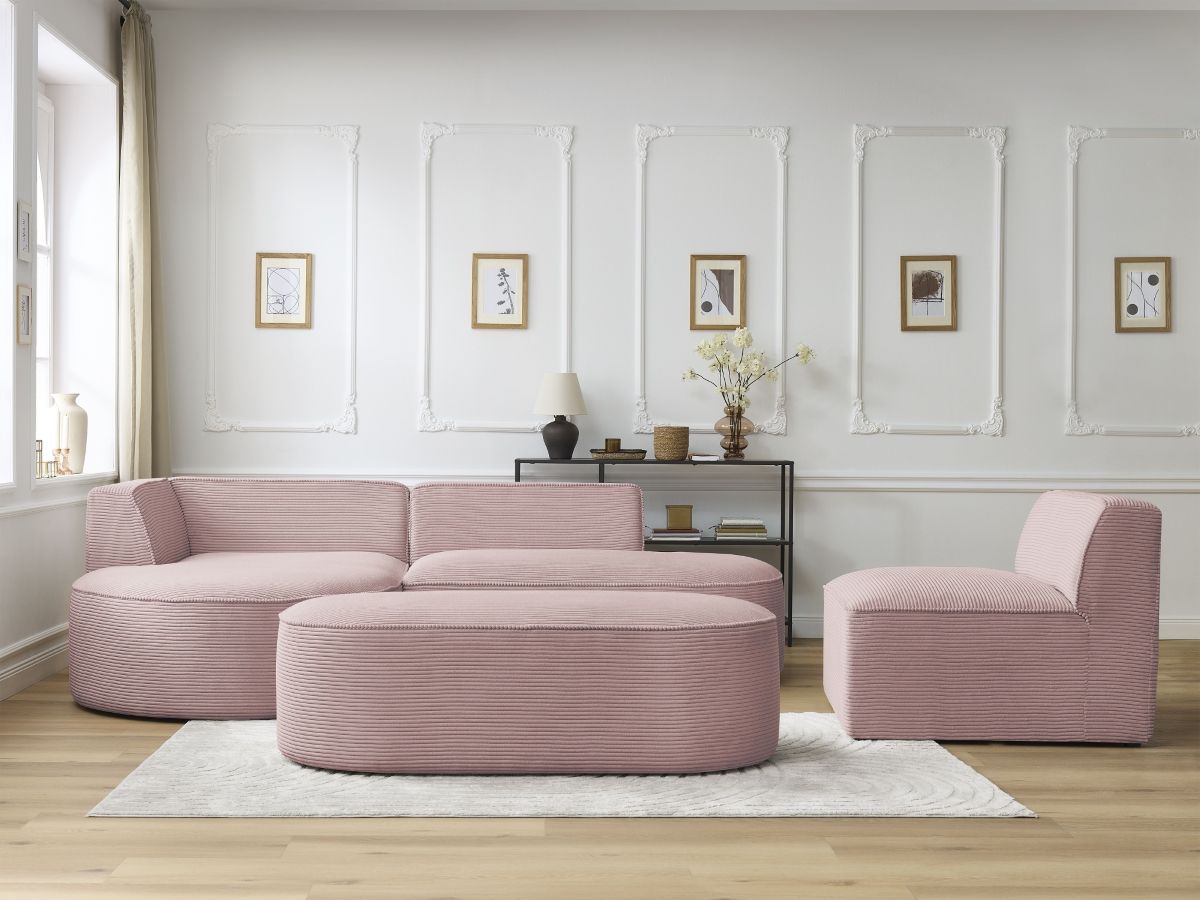 Canapé d'angle fixe modulable ROUSSEAU velours côtelé avec 1 chauffeuse et 1 pouf