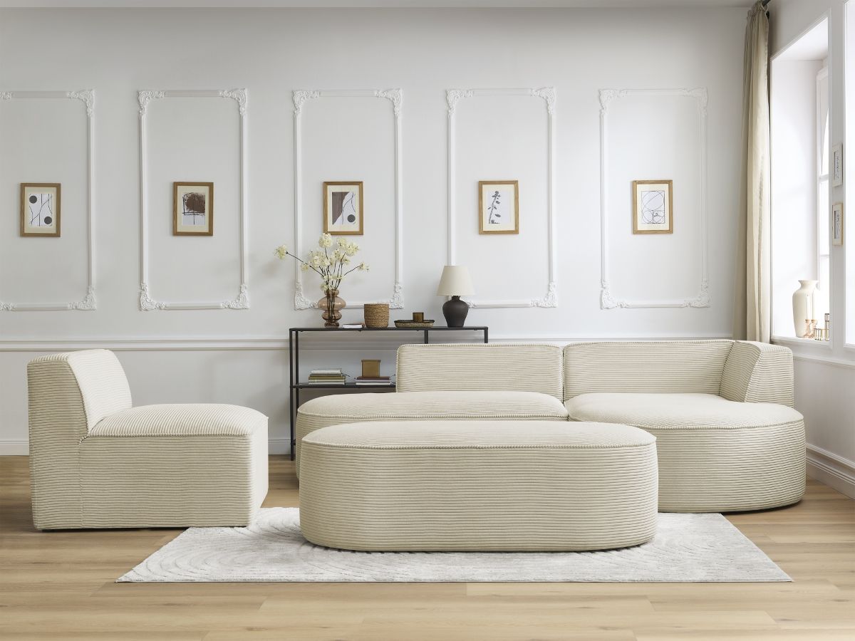 Canapé d'angle fixe modulable ROUSSEAU velours côtelé avec 1 chauffeuse et 1 pouf