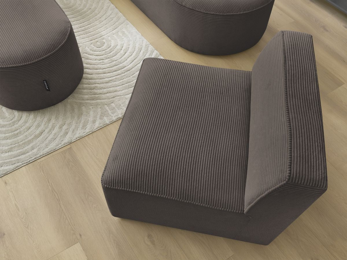 Canapé d'angle fixe modulable ROUSSEAU velours côtelé avec 1 chauffeuse et 1 pouf