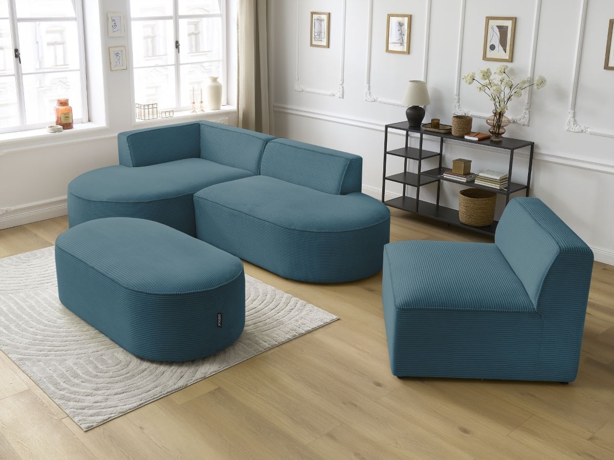 Canapé d'angle fixe modulable ROUSSEAU velours côtelé avec 1 chauffeuse et 1 pouf