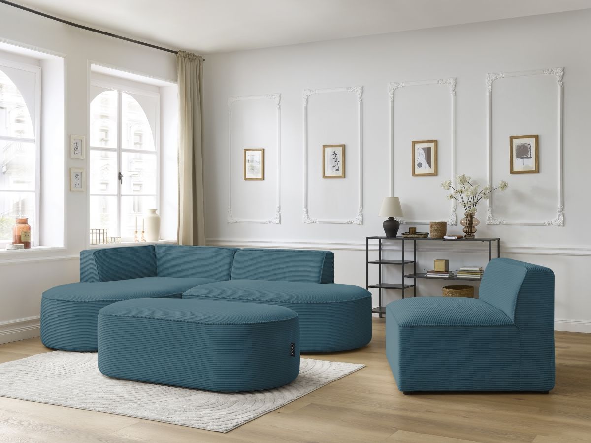 Canapé d'angle fixe modulable ROUSSEAU velours côtelé avec 1 chauffeuse et 1 pouf