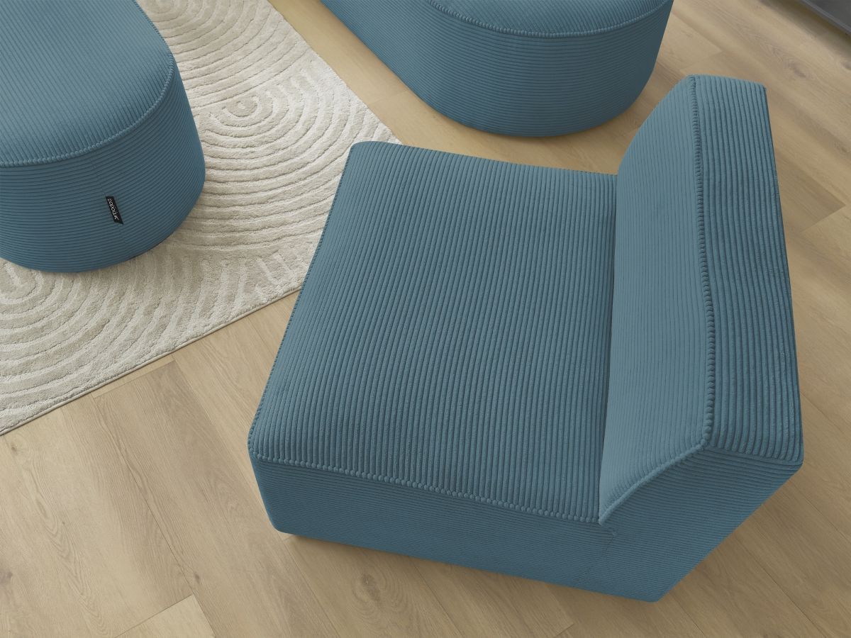 Canapé d'angle fixe modulable ROUSSEAU velours côtelé avec 1 chauffeuse et 1 pouf