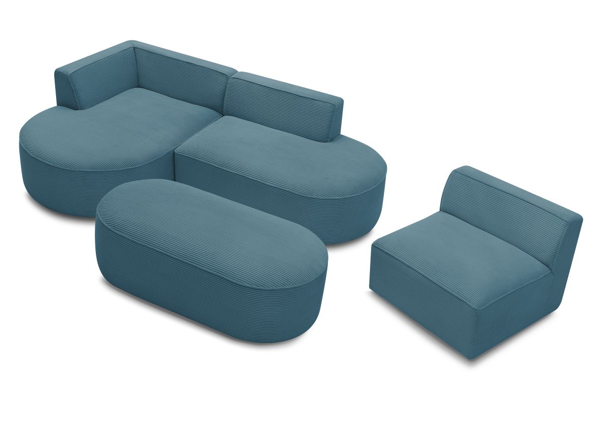 Canapé d'angle fixe modulable ROUSSEAU velours côtelé avec 1 chauffeuse et 1 pouf
