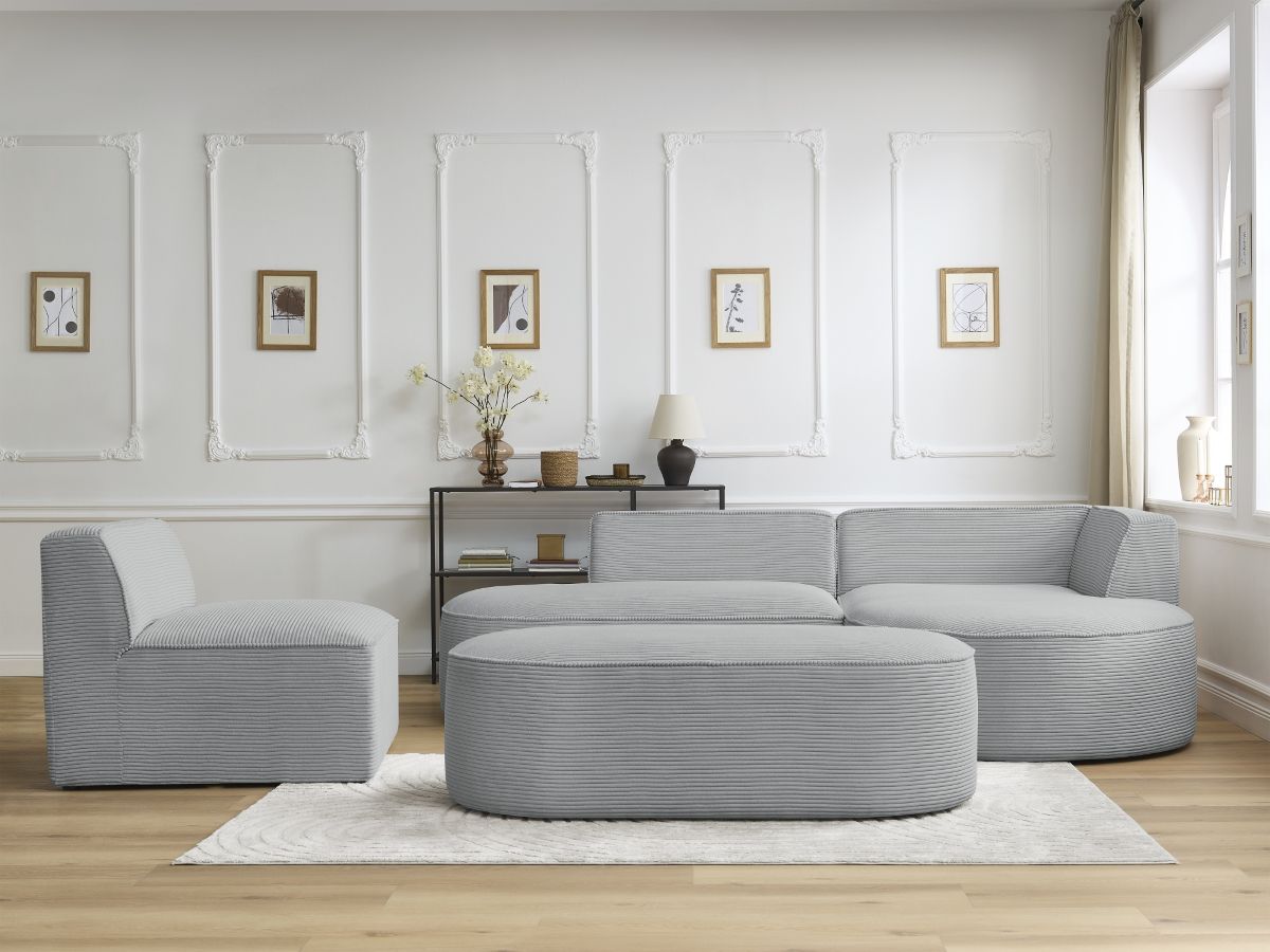 Canapé d'angle fixe modulable ROUSSEAU velours côtelé avec 1 chauffeuse et 1 pouf