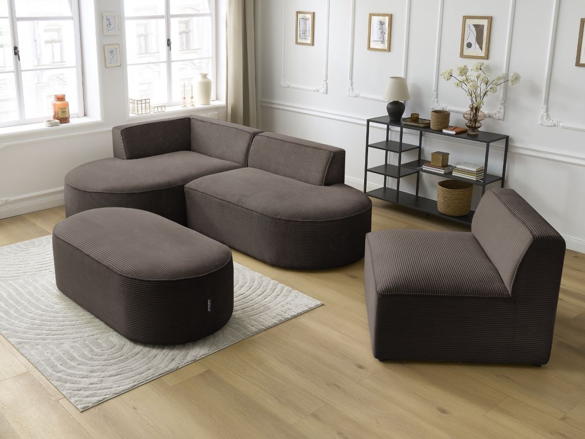 Canapé d'angle fixe modulable ROUSSEAU velours côtelé avec 1 chauffeuse et 1 pouf