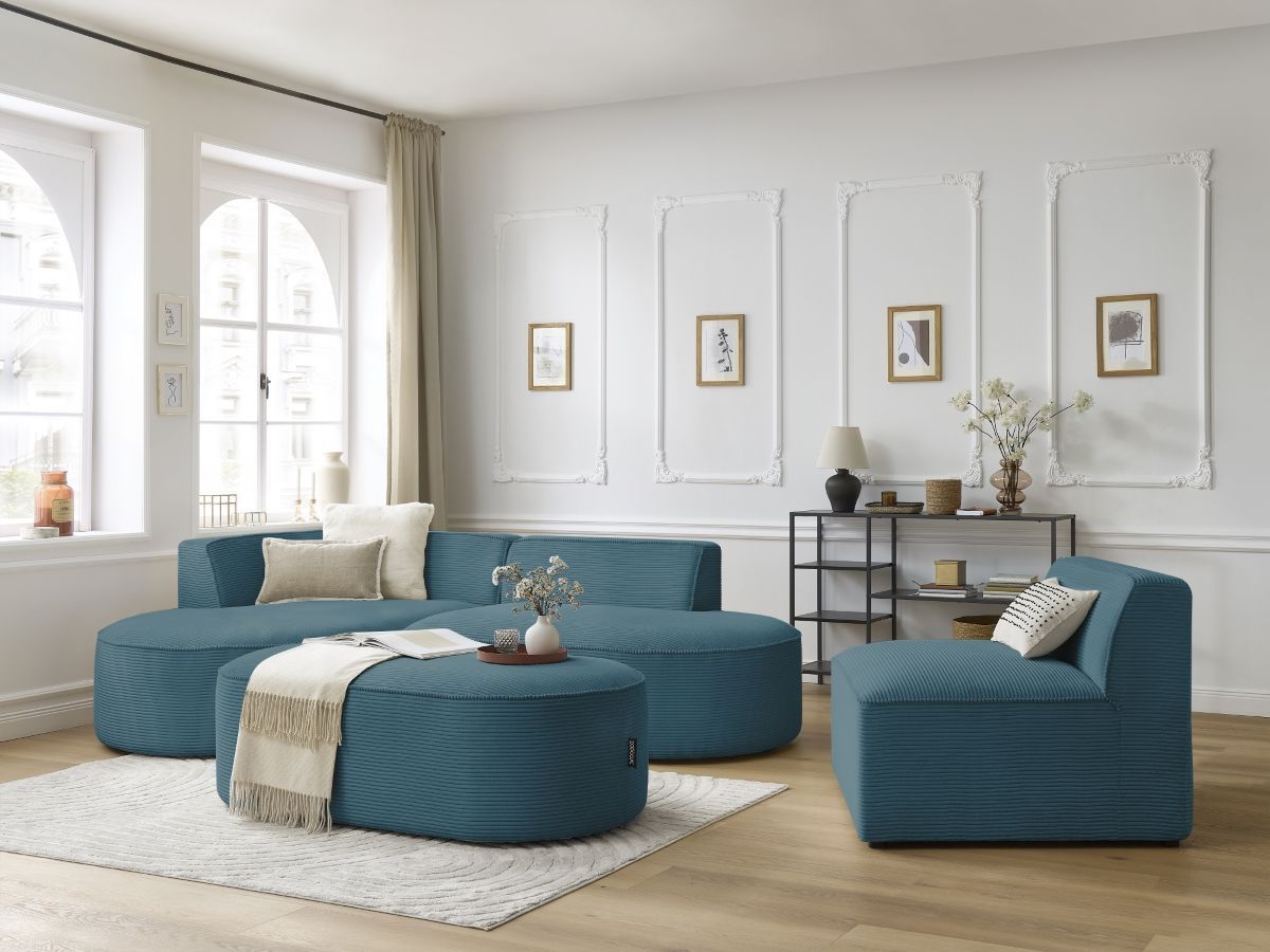 Canapé d'angle fixe modulable ROUSSEAU velours côtelé avec 1 chauffeuse et 1 pouf
