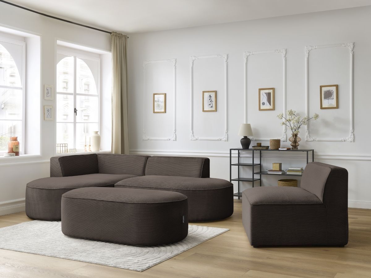 Canapé d'angle fixe modulable ROUSSEAU velours côtelé avec 1 chauffeuse et 1 pouf
