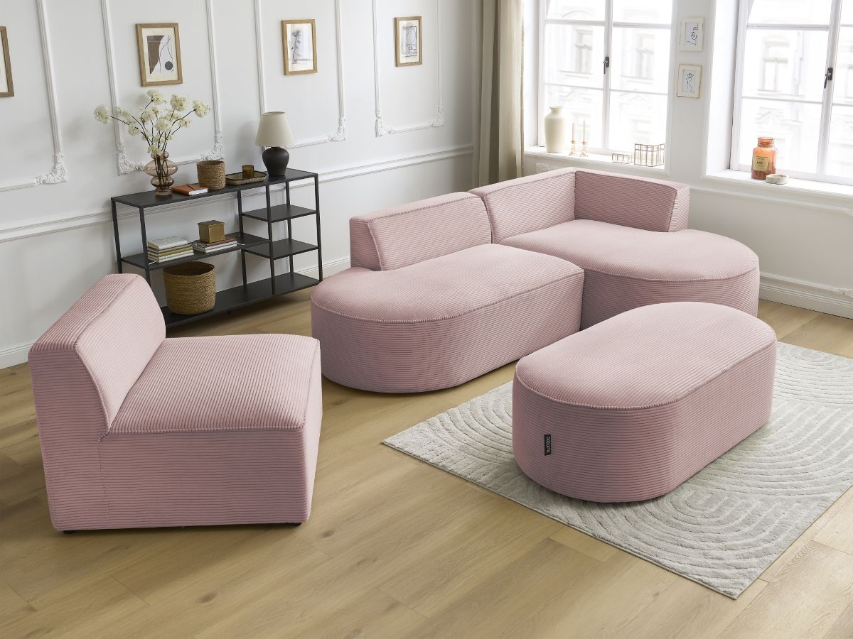 Canapé d'angle fixe modulable ROUSSEAU velours côtelé avec 1 chauffeuse et 1 pouf