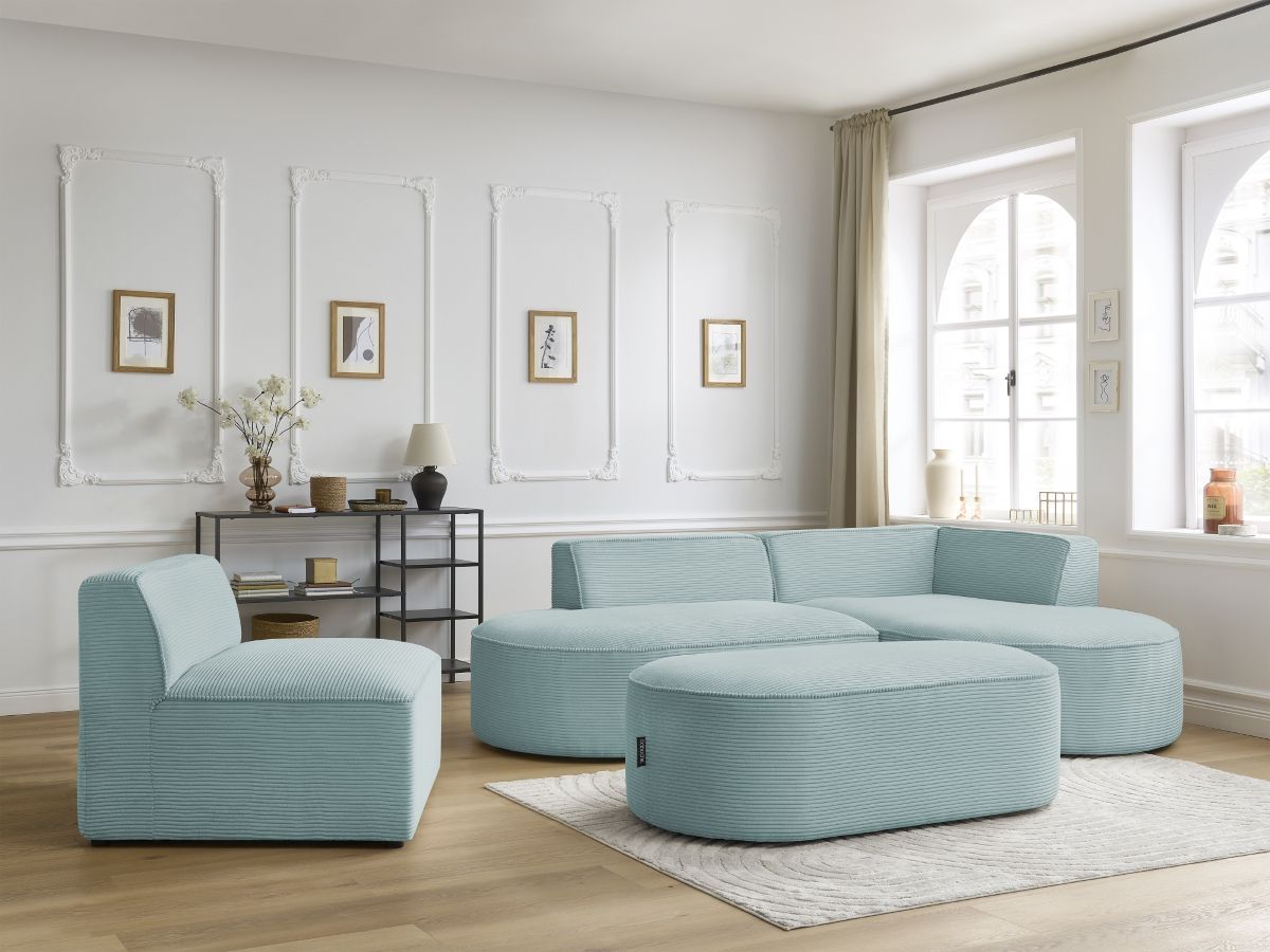Canapé d'angle fixe modulable ROUSSEAU velours côtelé avec 1 chauffeuse et 1 pouf