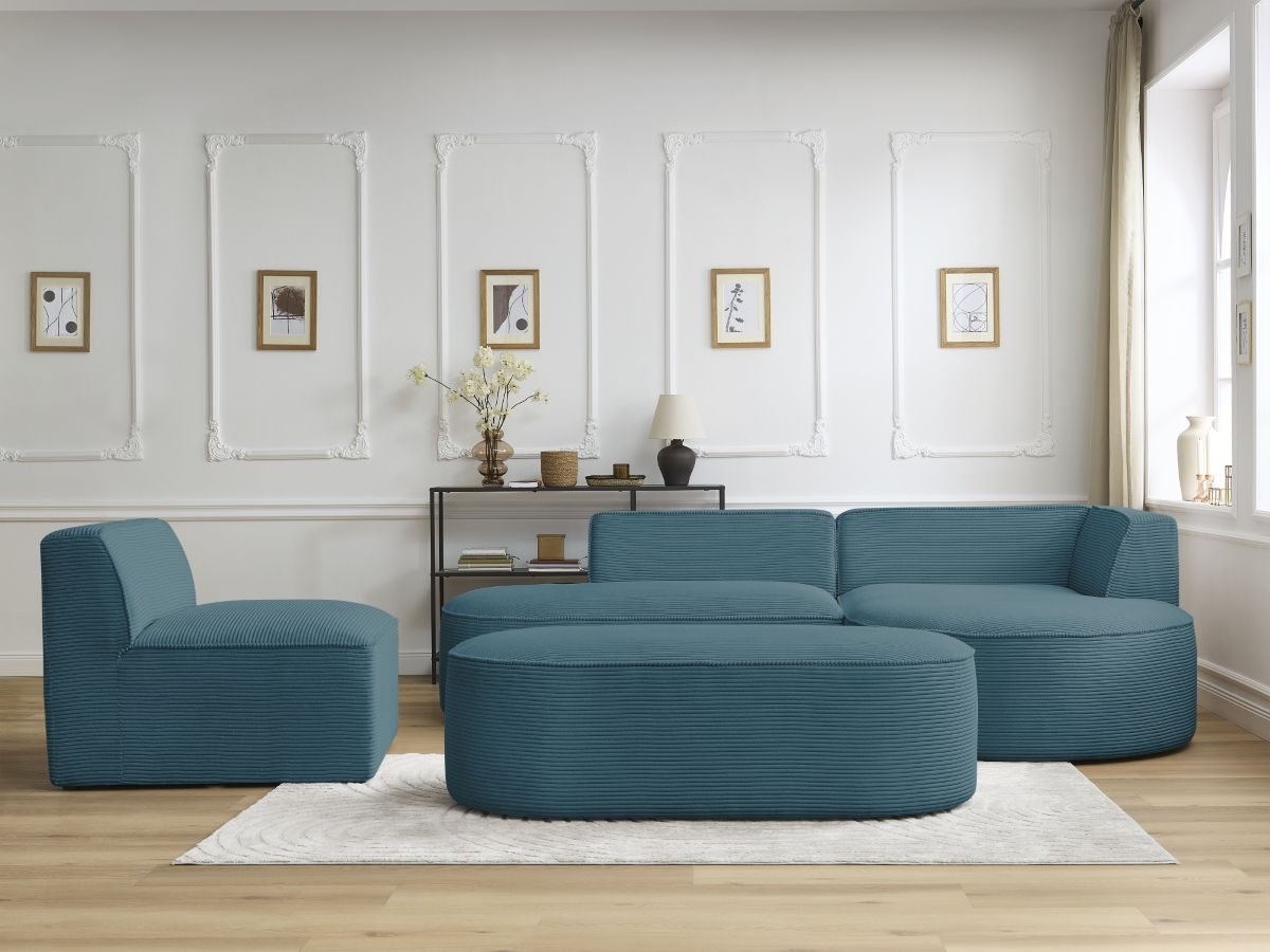 Canapé d'angle fixe modulable ROUSSEAU velours côtelé avec 1 chauffeuse et 1 pouf