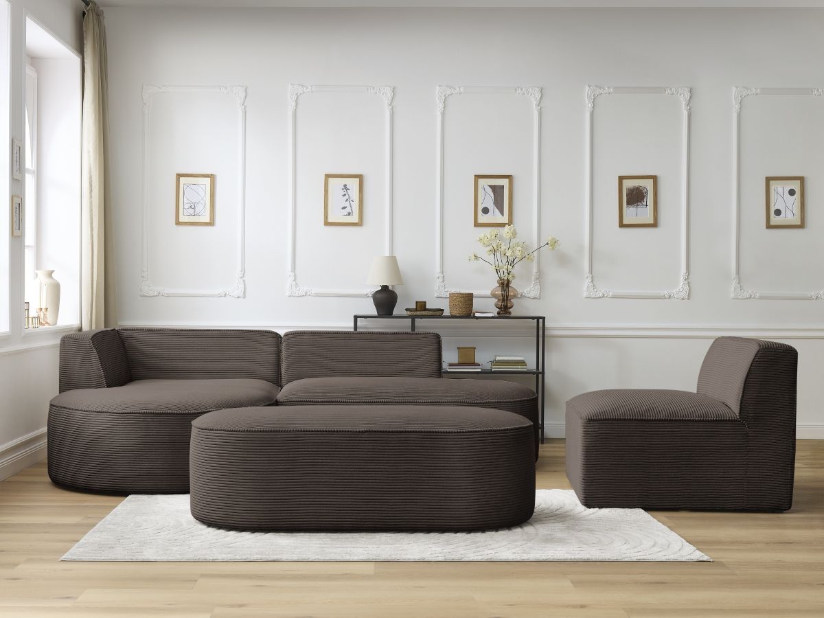 Canapé d'angle fixe modulable ROUSSEAU velours côtelé avec 1 chauffeuse et 1 pouf