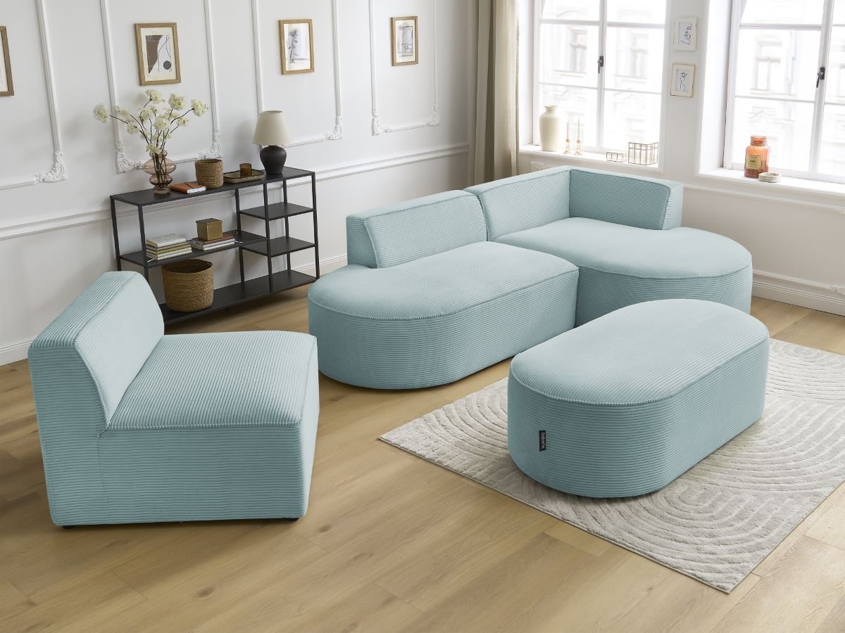 Canapé d'angle fixe modulable ROUSSEAU velours côtelé avec 1 chauffeuse et 1 pouf