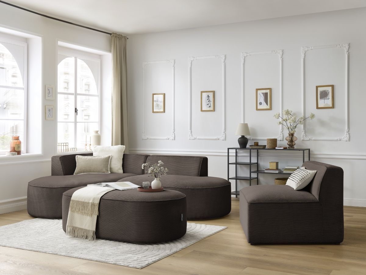 Canapé d'angle fixe modulable ROUSSEAU velours côtelé avec 1 chauffeuse et 1 pouf