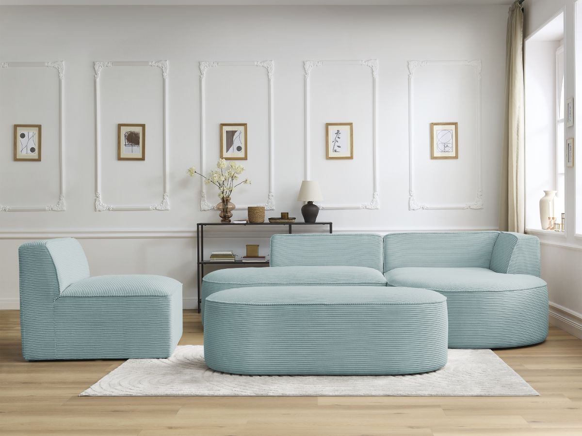 Canapé d'angle fixe modulable ROUSSEAU velours côtelé avec 1 chauffeuse et 1 pouf
