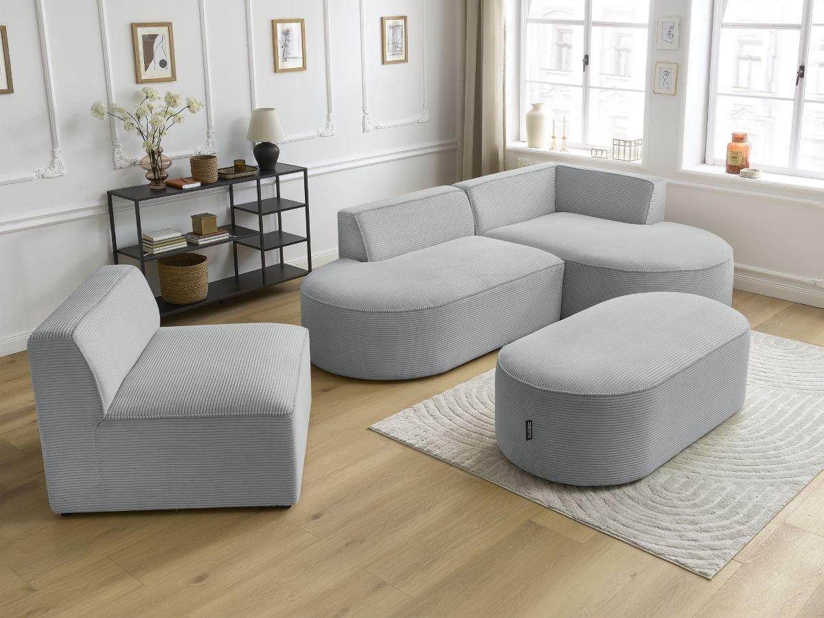 Canapé d'angle fixe modulable ROUSSEAU velours côtelé avec 1 chauffeuse et 1 pouf