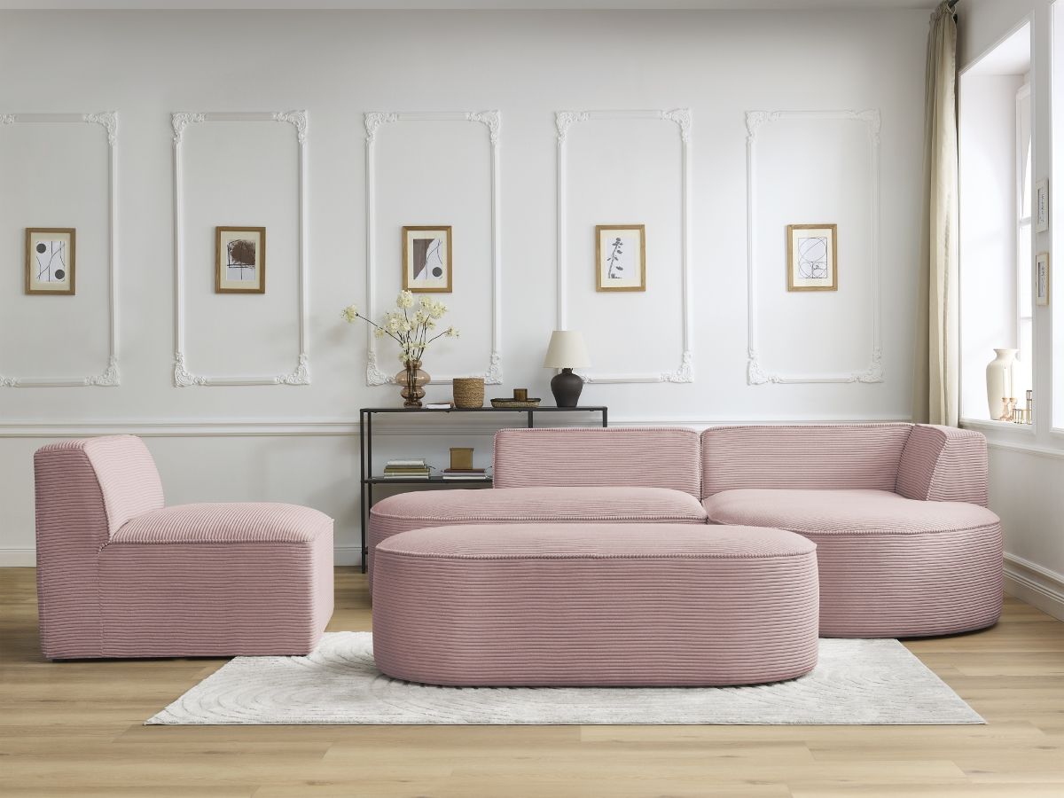 Canapé d'angle fixe modulable ROUSSEAU velours côtelé avec 1 chauffeuse et 1 pouf