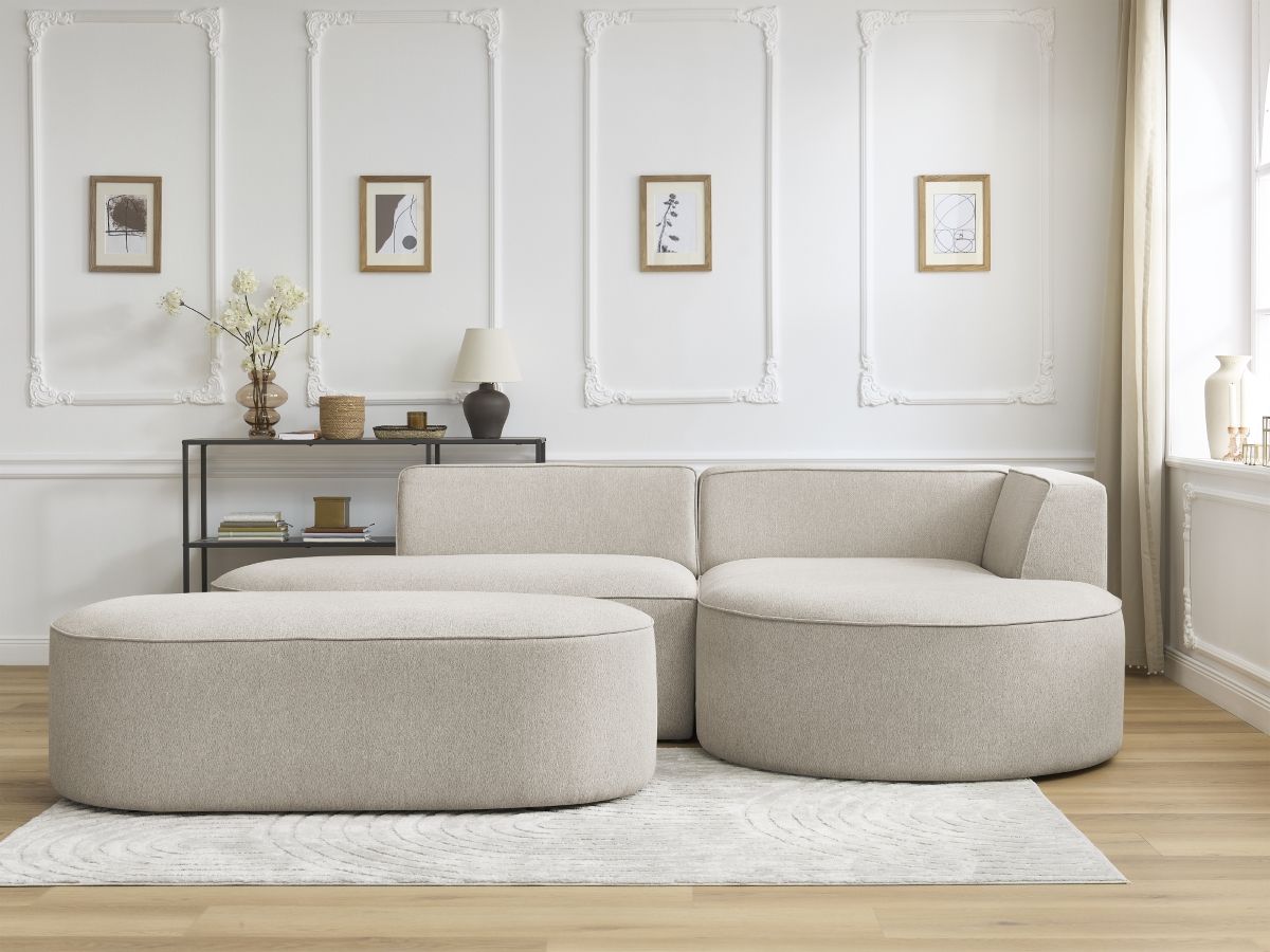 Canapé d'angle fixe ROUSSEAU tissu chiné avec pouf