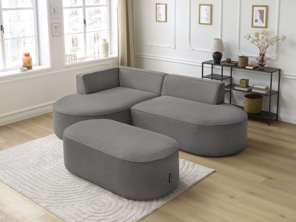 Canapé d'angle fixe ROUSSEAU tissu chiné avec pouf