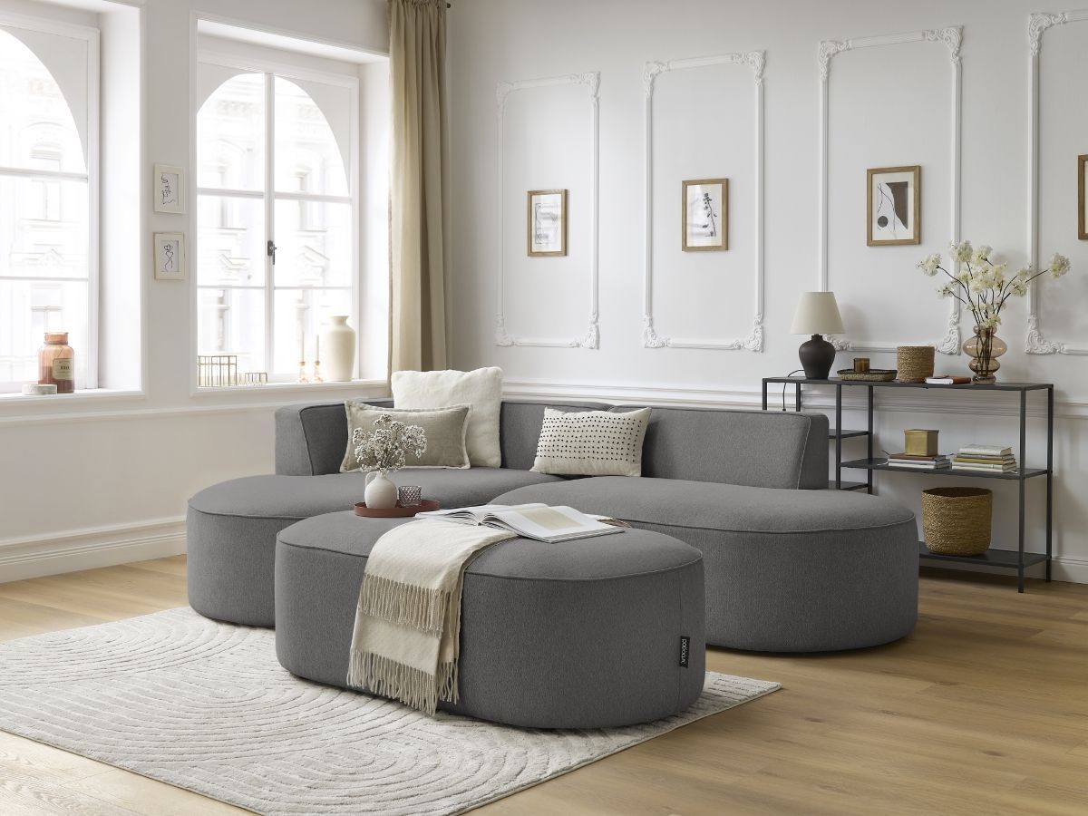 Canapé d'angle fixe ROUSSEAU tissu chiné avec pouf