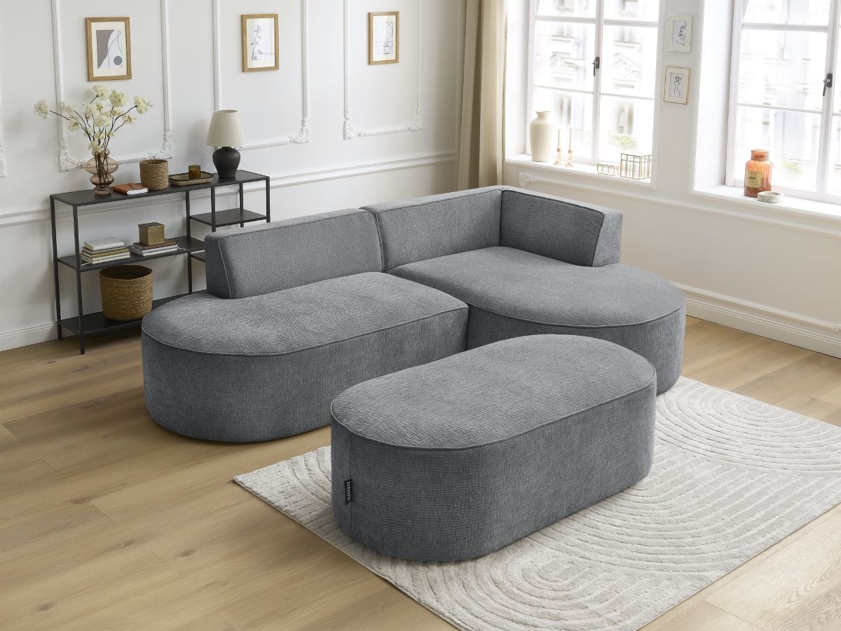 Canapé d'angle fixe ROUSSEAU tissu texturé avec pouf