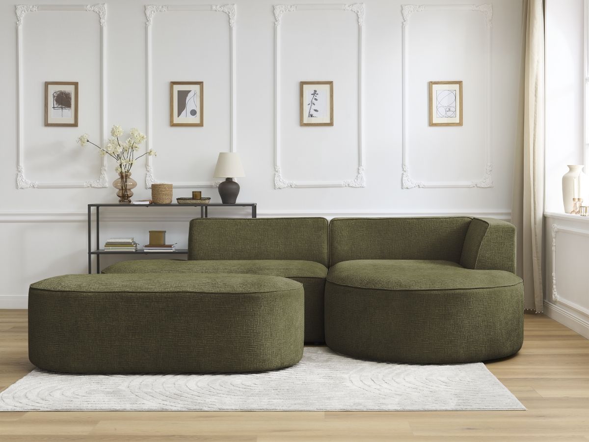 Canapé d'angle fixe ROUSSEAU tissu texturé avec pouf
