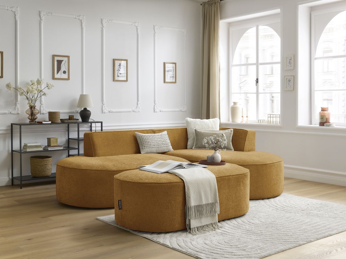 Canapé d'angle fixe ROUSSEAU tissu texturé avec pouf