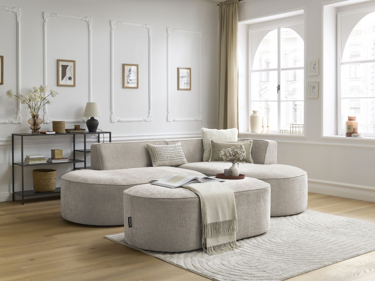 Canapé d'angle fixe ROUSSEAU tissu texturé avec pouf